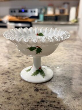 Fenton White Milk Glass Compote with Holly and Berry Motif